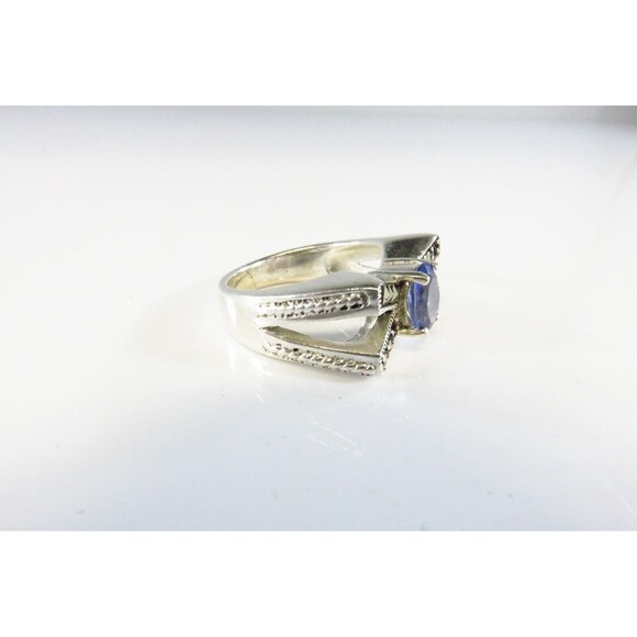 Oval Blue Glass Marcasite Accented Art Deco Style Bow Ring Sterling Silver - Picture 3 of 7